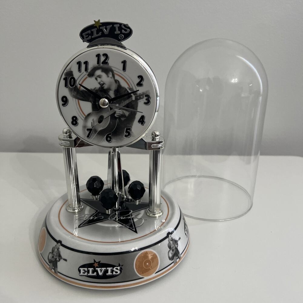 Elvis Presley Anniversary Clock Porcelain Base and Glass Dome 9” Works